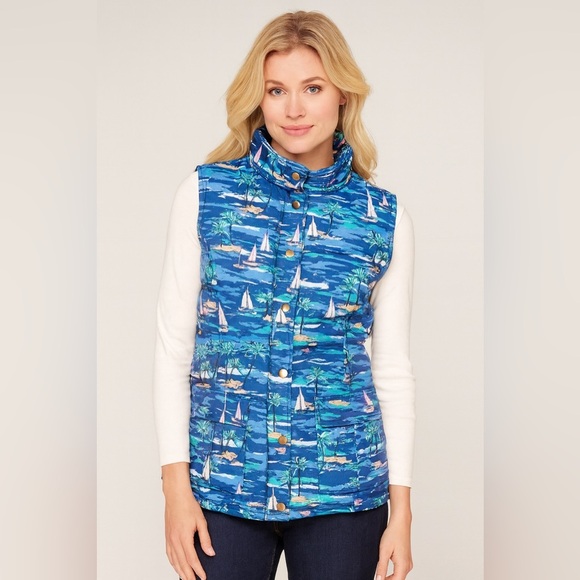 NWT Island Republic Sail Boat Print Puffer Vest Blue sz Medium - Picture 1 of 10